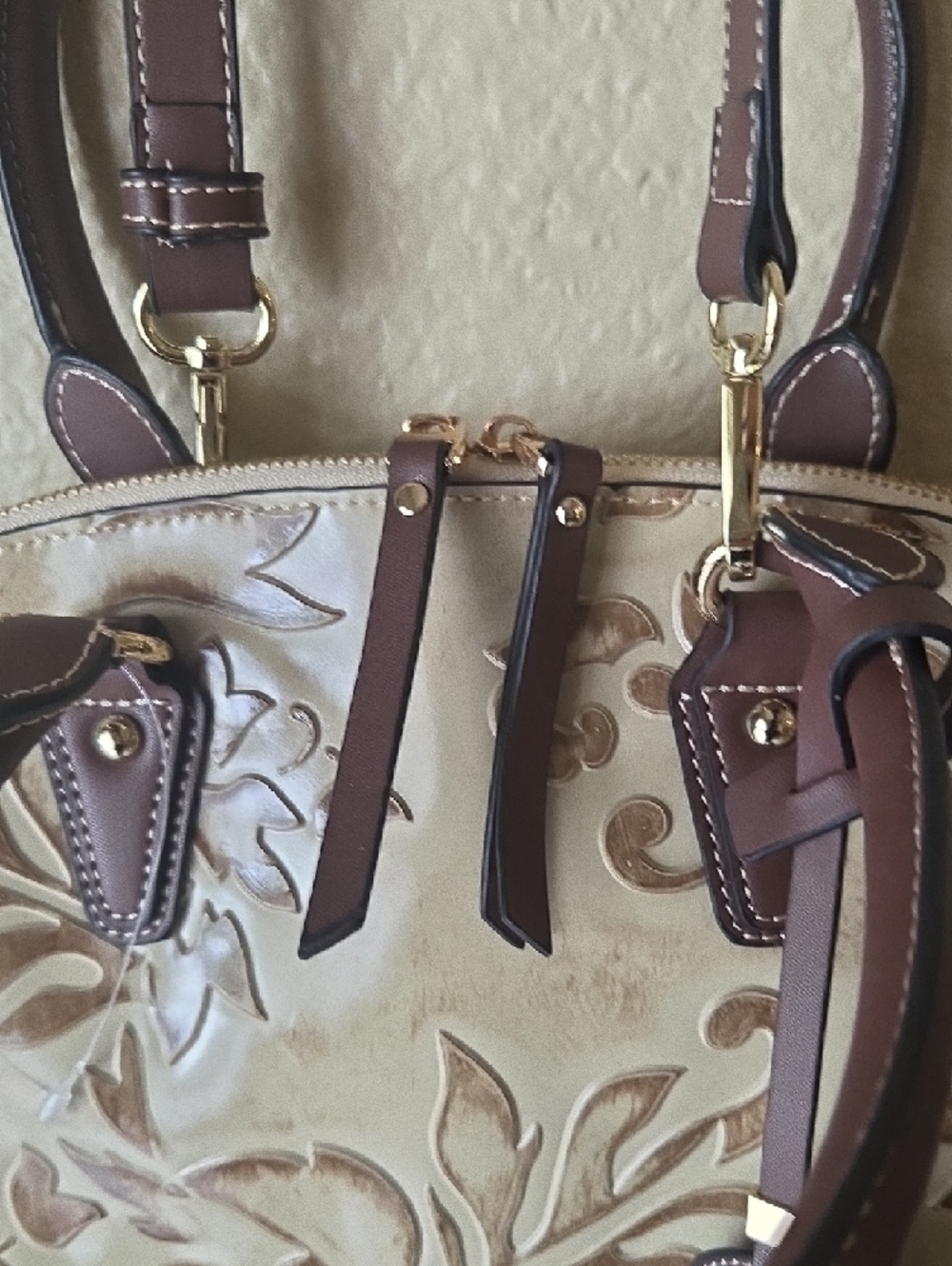 M.C Handbags Embossed Leather Satchel in Beige and Brown. - Picture 3 of 8